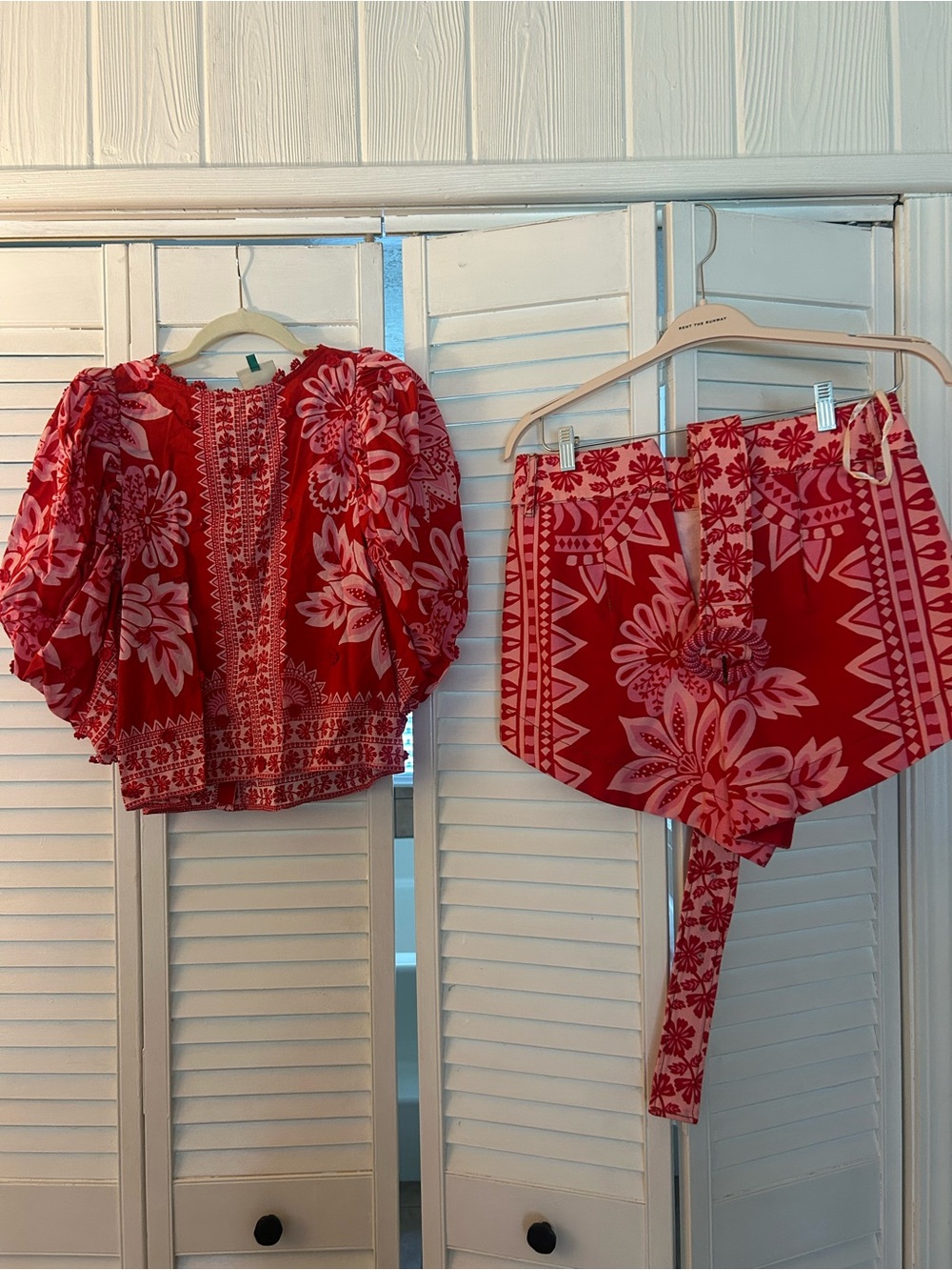 FARM Rio Red Floral Embroidered Puff-Sleeve Top and Matching Shorts